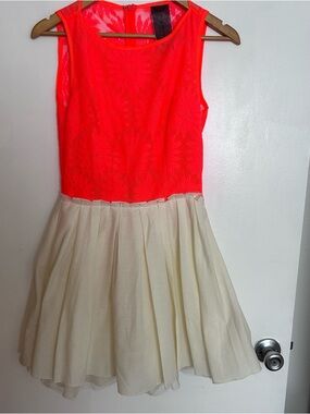 Girls Neon Coral Lace Bodice Cream Skirt Party Dress Size M